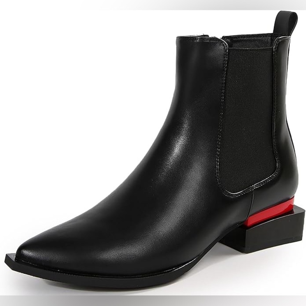 Black Faux Leather Boots with Red Accent